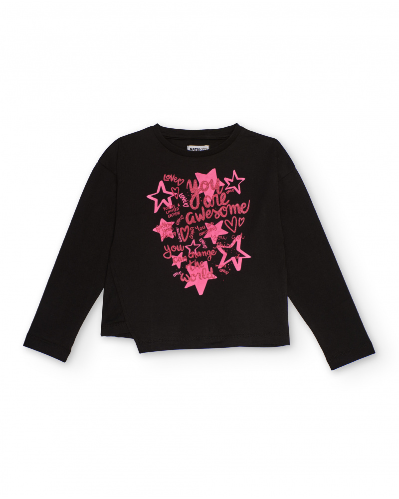 Camiseta preta de manga comprida para menina com estampa rosa