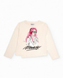 Camiseta creme de manga comprida para menina com ilustração de