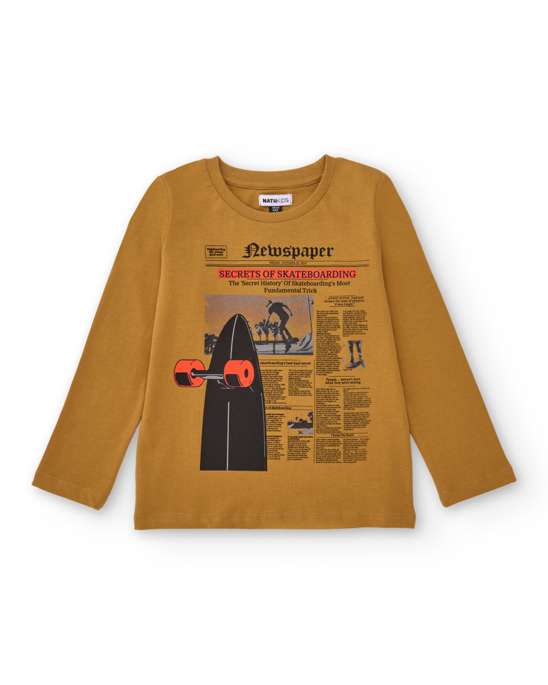 Camiseta mostarda de manga comprida para menino com estampa de