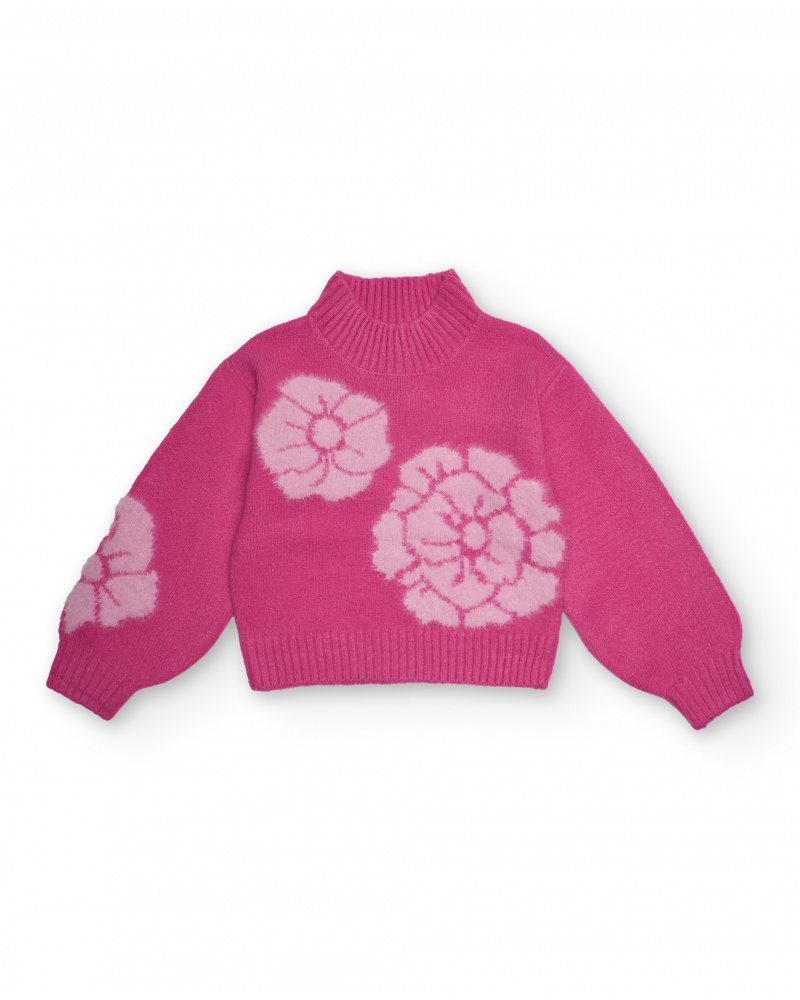 Suéter rosa para menina com gola alta e flores grandes