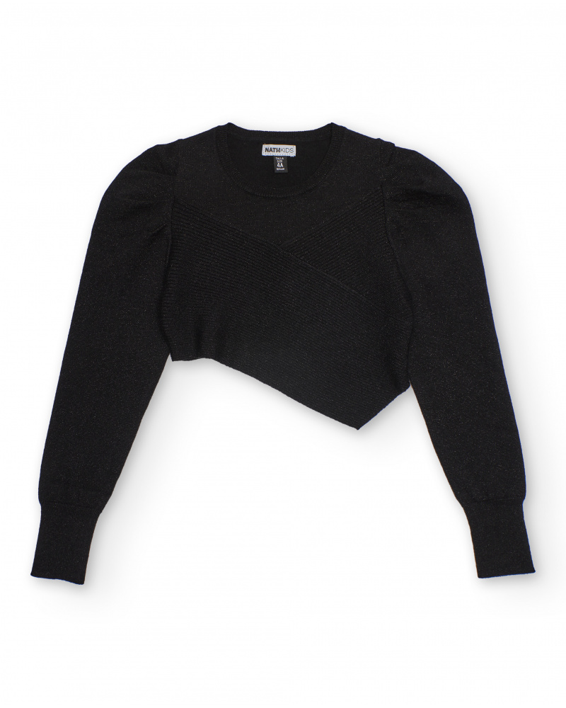 Suéter curto de malha preto com design assimétrico para menina