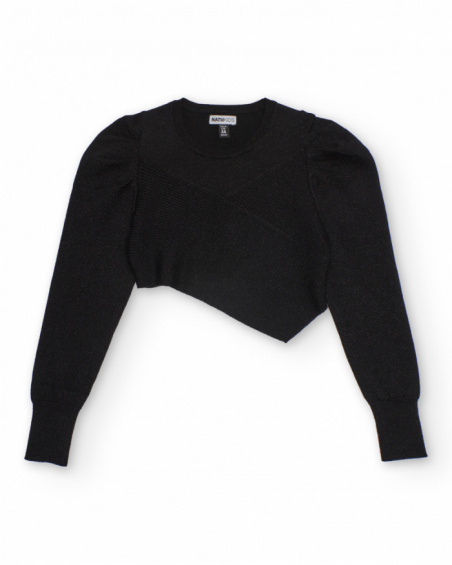 Suéter curto de malha preto com design assimétrico para menina
