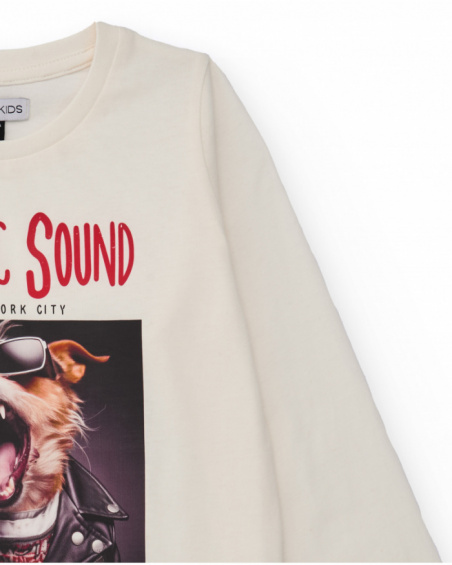 Camiseta de manga comprida cru com estampa de cachorro roqueiro