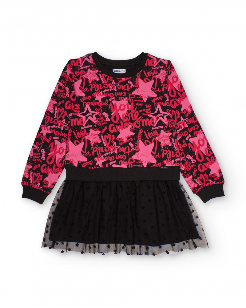Vestido combinado para menina com estampa fúcsia e saia de tule