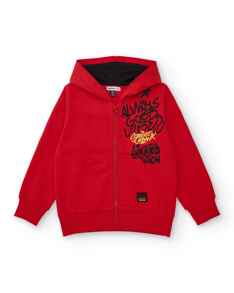 Moletom vermelho com capuz para menino com estampa urbana