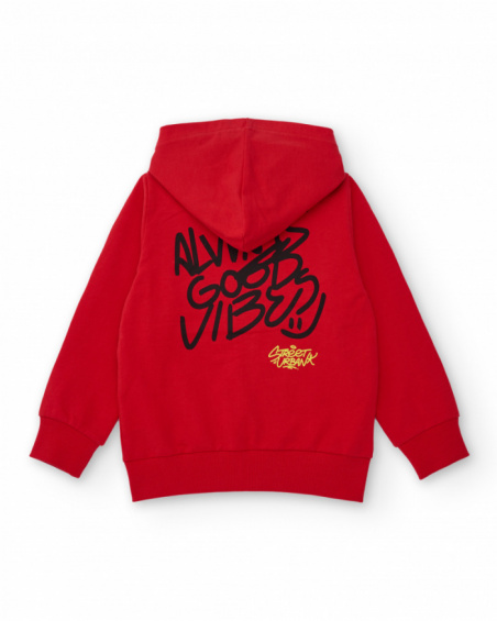 Moletom vermelho com capuz para menino com estampa urbana