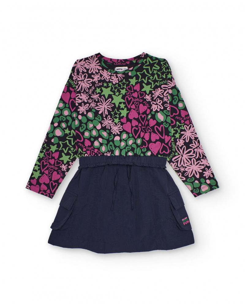 Vestido combinado para menina com estampa colorida e saia azul