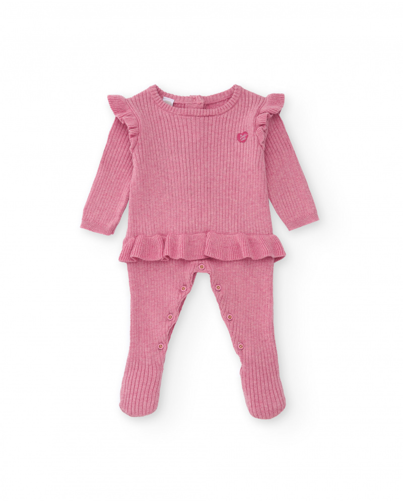 Macacão de malha para menina na cor rosa com babados