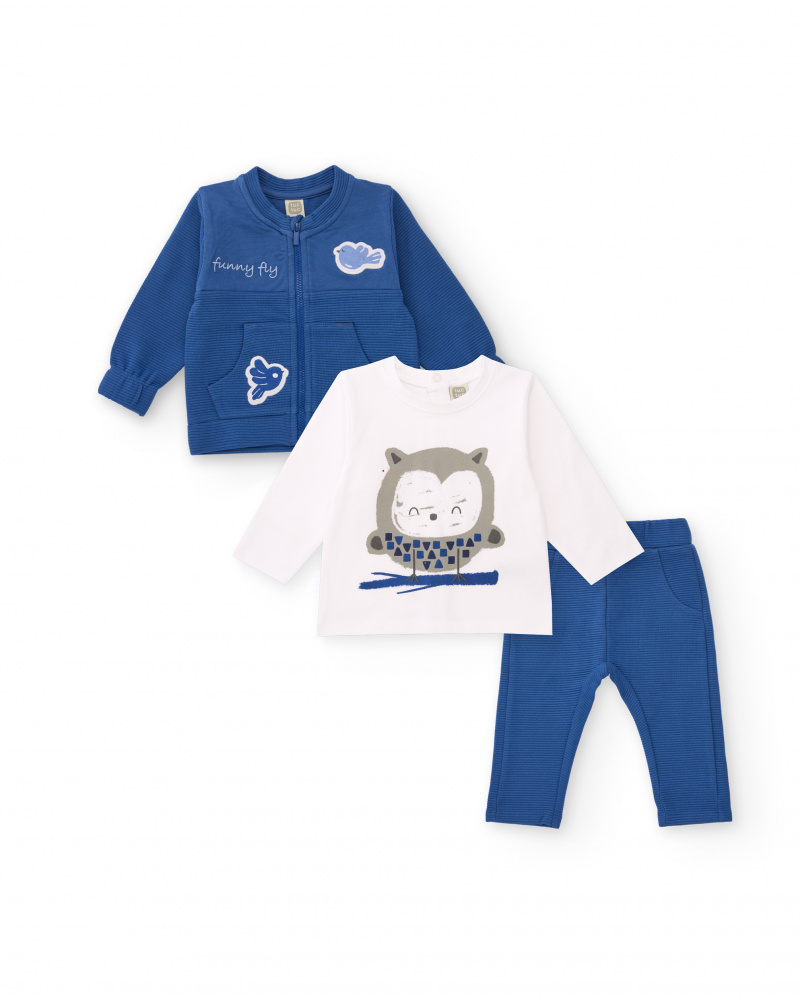 Conjunto de três peças para bebê menino em tons de azul e