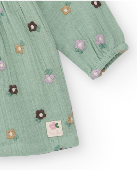 Vestido de chiffon para menina na cor verde com bordado de