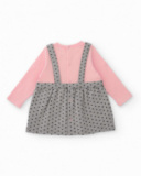 Vestido de bebê menina em rosa e cinza com alças de bolinhas e