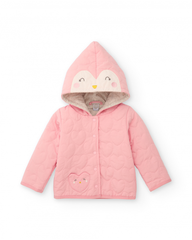 Casaco acolchoado para bebé menina em rosa com capuz decorado