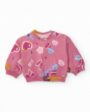 Conjunto para menina com moletom estampado e calça rosa.
