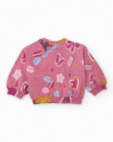 Conjunto para menina com moletom estampado e calça rosa.
