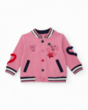 Jaqueta tipo varsity rosa para menina com bordados e aplicações