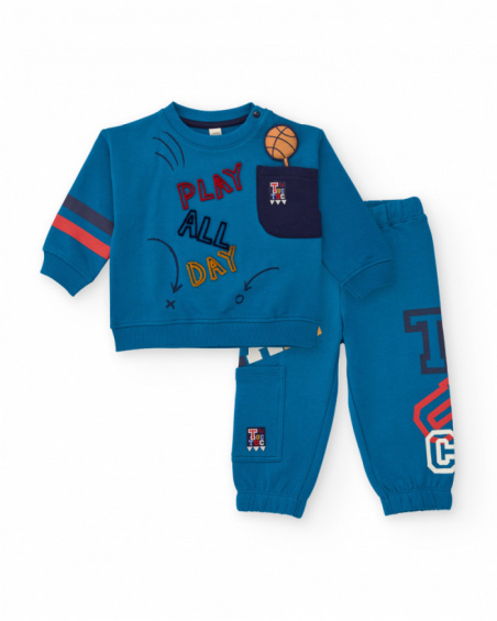 Conjunto de moletom e calça para menino em azul com estampa e