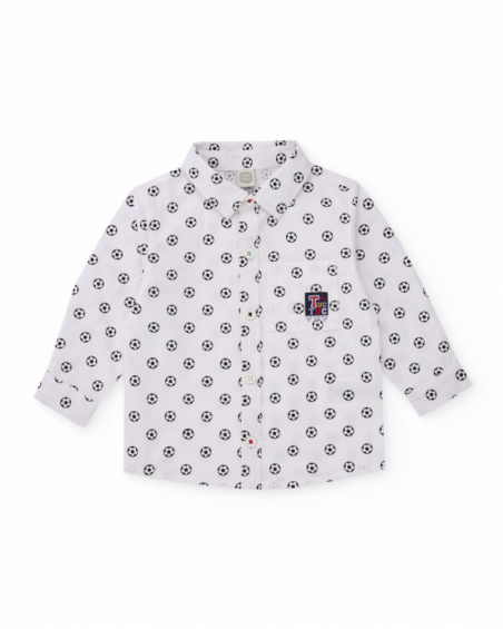 Camisa de popeline para menino em branco com estampa de bolas.