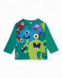 Camiseta de malha para menino verde com estampa de monstros.