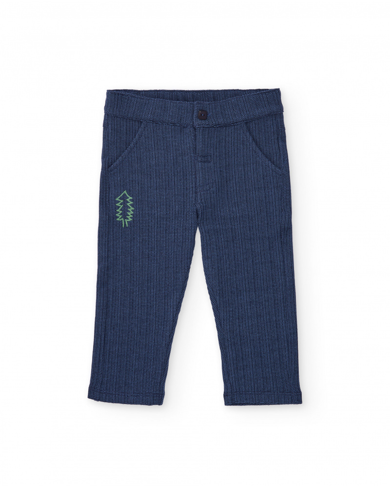 Calça de malha para menino azul marinho com bordado de pinheiro.