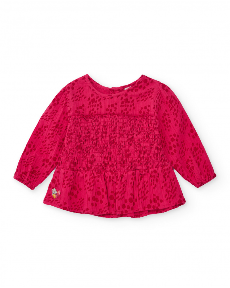 Blusa para menina cor fúcsia com detalhe de ponto smock.