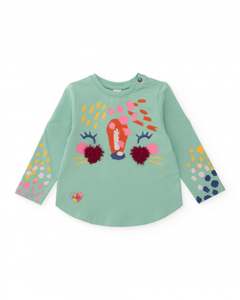 Camiseta de manga longa para menina verde menta com estampa de