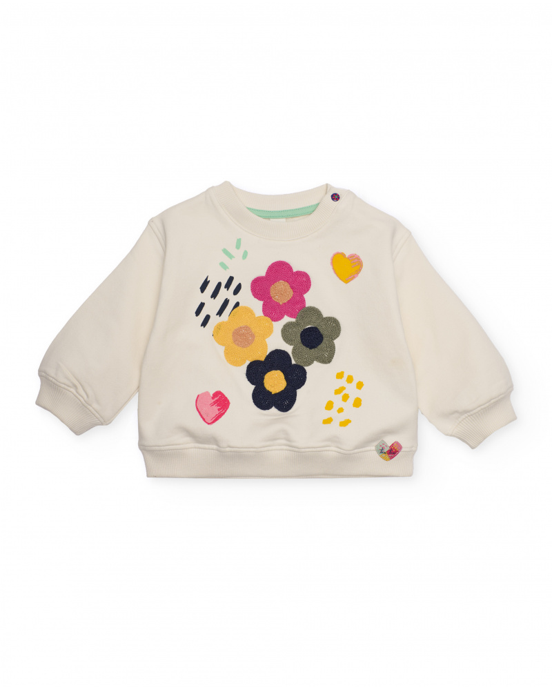 Moletom para menina creme com estampa de flores e corações.