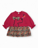 Vestido para menina em vermelho com saia de xadrez e laço