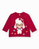 T-shirt para menina em vermelho com estampado de cão com laço