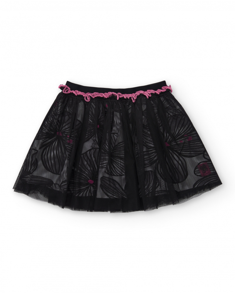 Saia menina em preto com tule estampado floral e cintura rosa