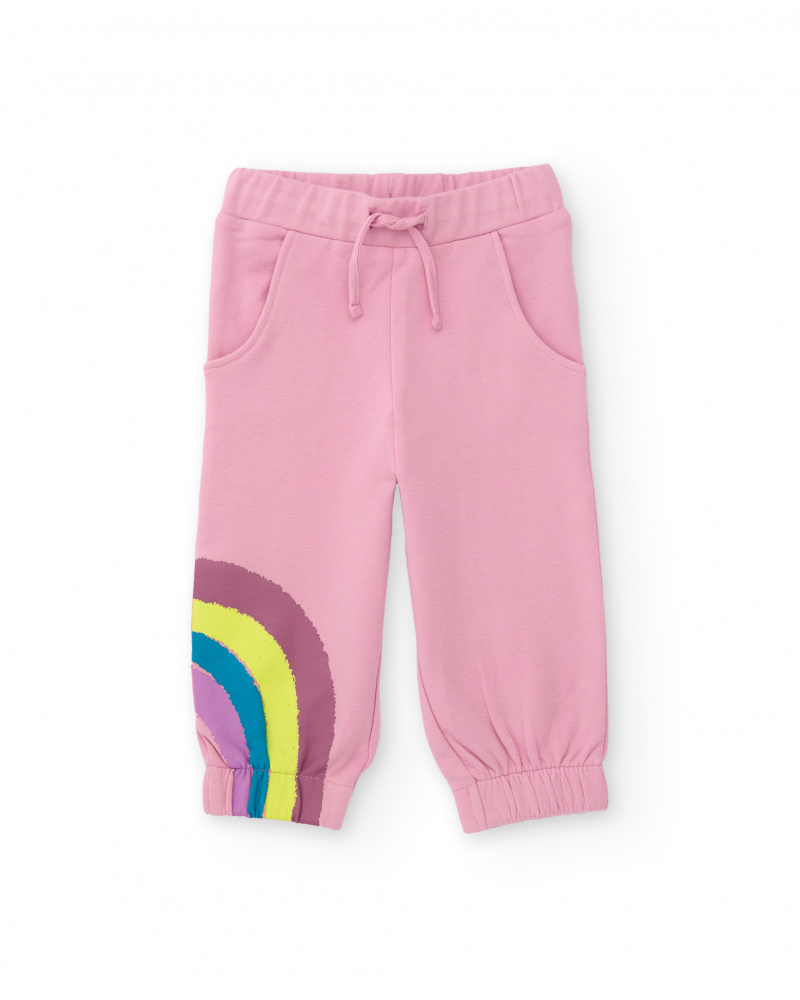 Calças de felpa para menina em rosa com estampado de arco-íris