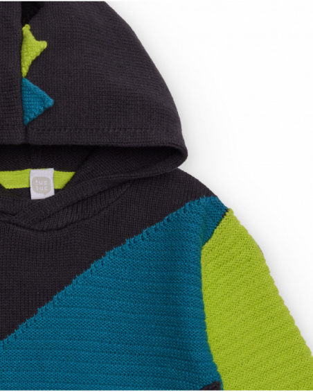 Suéter de malha com capuz para menino em azul, verde e preto