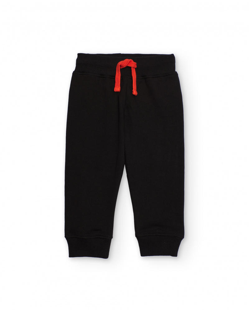 Calça de felpa preta com cordão vermelho para menino.