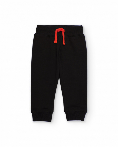 Calça de felpa preta com cordão vermelho para menino.