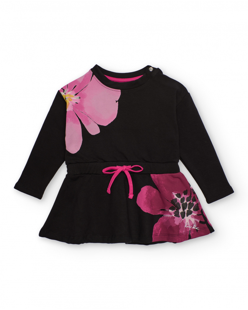 Vestido preto para menina com flores fúcsia