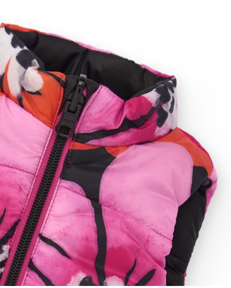 Colete reversível para menina com flores fúcsia e lado preto