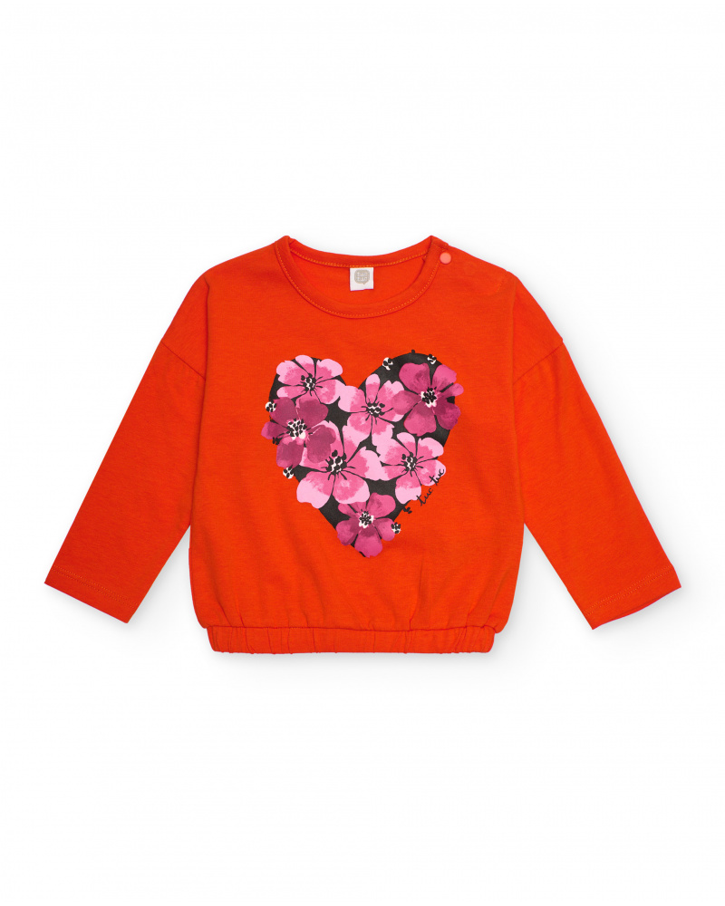 Suéter laranja para menina com coração floral