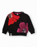 Suéter preto para menina com estampa floral vermelha e fúcsia