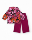 Conjunto para menina com casaco floral e calça fúcsia
