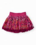 Saia para menina com tule plissado em fúcsia e estampa floral.