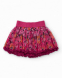 Saia para menina com tule plissado em fúcsia e estampa floral.