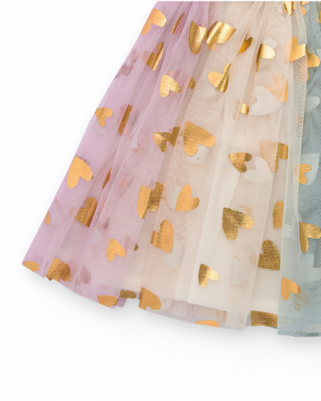 Saia para menina de tule rosa com estampa de corações dourados