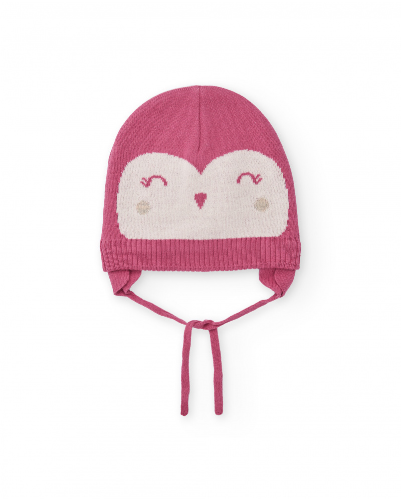 Gorro de malha para bebé menina cor-de-rosa com desenho de
