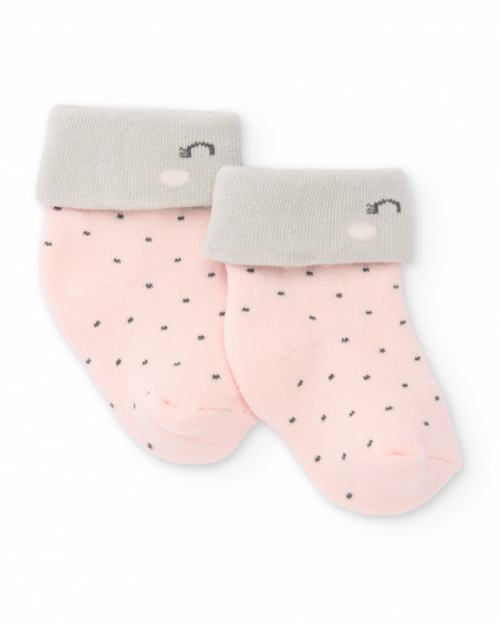 Meias para bebê menina rosa com detalhes em cinza e estampa de
