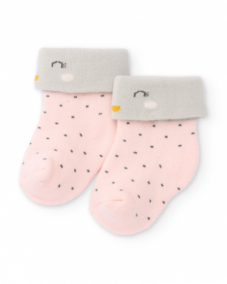Meias para bebê menina rosa com detalhes em cinza e estampa de