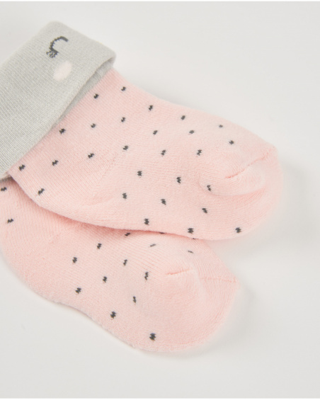 Meias para bebê menina rosa com detalhes em cinza e estampa de