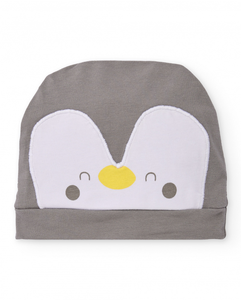 Gorro de malha para recém-nascido cor cinza com aplique de