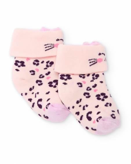 Meias de tricô para bebê menina na cor rosa com design de