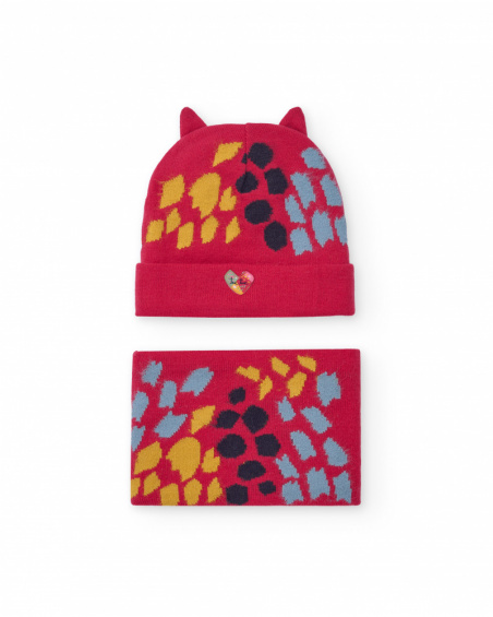 Conjunto de gorro e gola para menina em vermelho com estampado