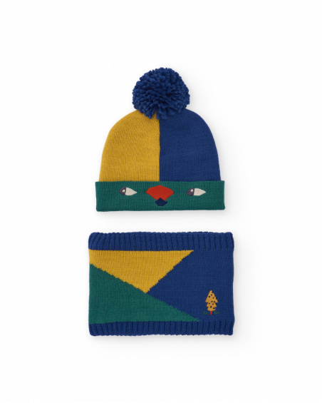 Conjunto de gorro e gola para menino em blocos de cor com pompom
