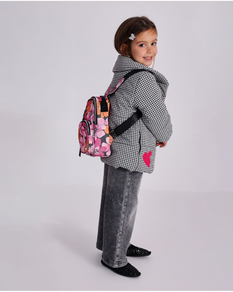 Casaco acolchoado xadrez preto para menina com corações